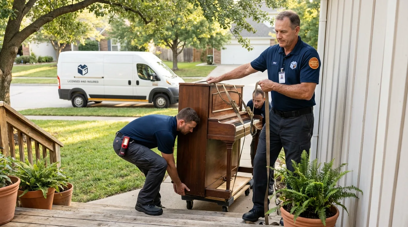 Licensed piano movers securing grand piano in Keego Harbor, MI