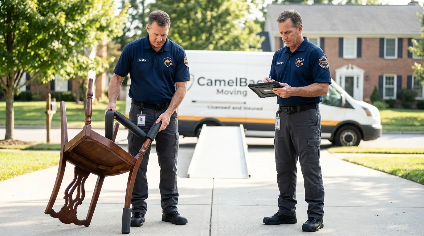 Movers inspecting furniture for damage prevention before loading in Keego Harbor, MI