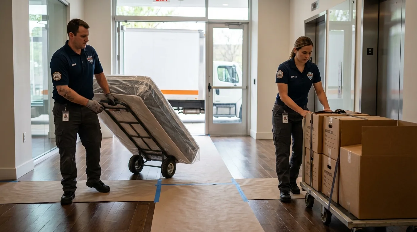 Professional apartment movers loading elevator in Keego Harbor, MI