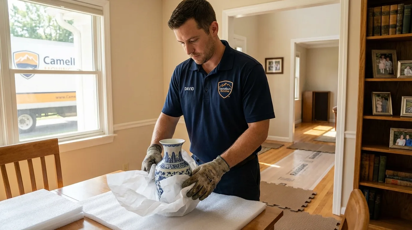 Professional crew carefully wrapping antique vase for senior downsizing move in Keego Harbor, MI